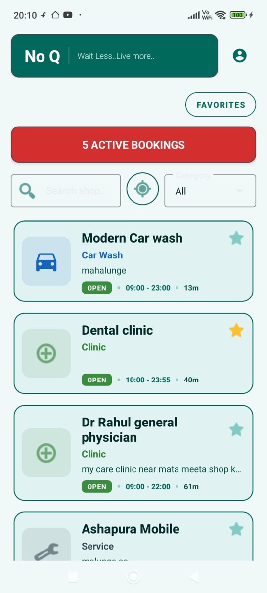 NO Q customer dashboard screen